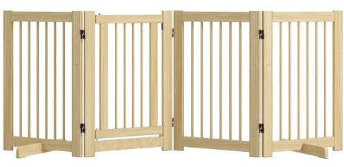 PawHut Barrera de Seguridad para Perros de Madera Plegable, para Escaleras y Puertas, Valla para Perros Pequeños y Medianos de 4 Paneles, con Soporte de Pie, para Interiores, 204x36x75 cm, Natural