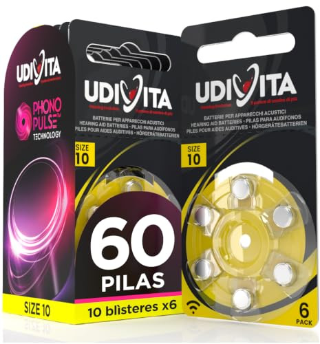 60 Pilas para Audífonos Tamaño 10 (Amarillas) PR70 Udivita Zinc Aire Tensión Estable Larga Duración Compatibles con Todos los Dispositivos – 10 Blister de 6 Pilas