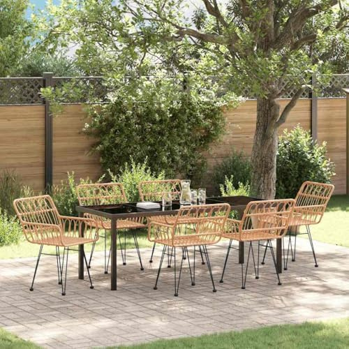 Ziaphsol Garten Essgruppe 7-teilig Braun Pulverbeschichteter Stahl wetterfestes Outdoor Möbel Set für Terrasse Balkon Garten Esszimmer Loungegruppe mit 6 Stühlen und Tisch
