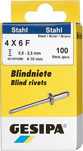 GESIPA Blindniete Mini-Pack 100 Stück (Stahl/Stahl 4x6, Nietschaft-ø 4mm, Scherkraft 2000 N, Zugkraft 2000 N, Flachrundkopf) 1433571