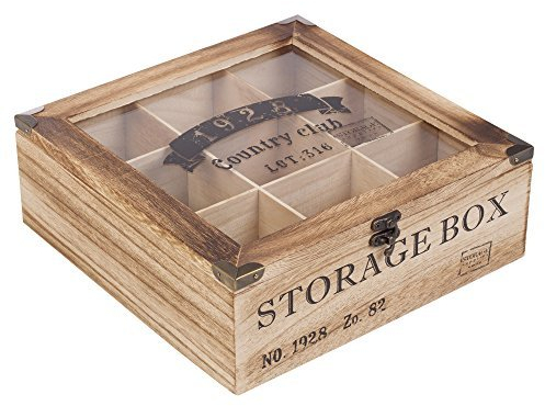 EG Homeware Wooden Tea Storage Box Glass Lid- Choice of 6 or 9 Compartements (9 Compartments)