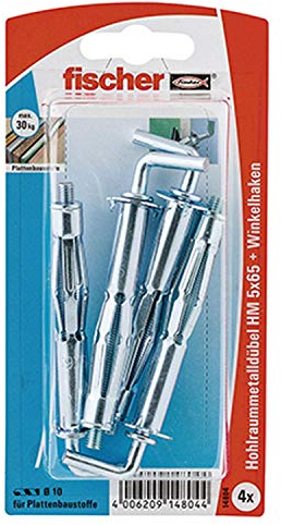 Fischer Hohlraum-Metalldübel HM 5 x 65 HK SB-Karte, 4 x Winkelhaken mit Bund 5 x 70, 014804