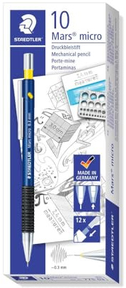 STAEDTLER Mars Micro Druckbleistift, 0,3 mm, 10 Stück 775 03 | Metallclip mit Radierer, rutschfeste Gummigriffzone – nachfüllbar – Art.-Nr. 775 03