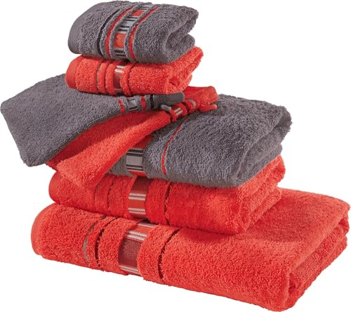 Erwin Müller Frottier Handtuch-Set, Frottier-Set - Achern - rot/grau Größe beidseitige Schlaufen - 100% Baumwolle - 500g/m²