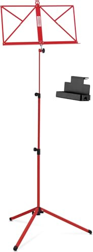 Classic Cantabile Notenständer Medium Box Set - mittelschwere Ausführung - mit Haltebügeln an der Auflagefläche - Aufstellhöhe: 65-130 cm - inkl. aufsteckbarer Ablagebox - Rot