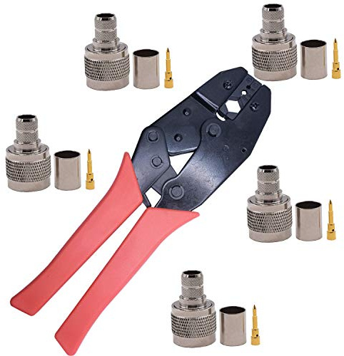 Pince à Sertir Coaxial et Connecteur Type N Male 5Pcs，Kagni Connecteur RF et Outil de Sertisseuse pour LMR400 RG8 Belden9913 Câble