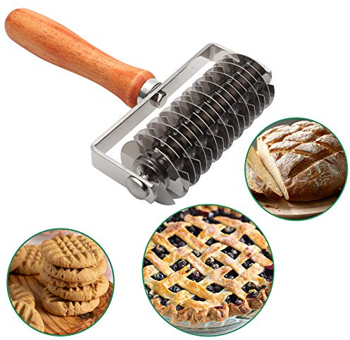 Stainless Steel Dough Lattice Top Cookie Baking Tool Cake Bread Net Knife Bread Net Knife Dough Lattice Bread Dockers Pizza cutter Bread Pastry Crust Roller Cutter Holder Wooden Handle