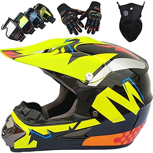 KILCVEM Barn motorcykelhjälm, blank svart gul unisex full face off road MTB fyrhjuling cross hjälm ungdom vuxen motocross hjälm set med handskar/skyddsglasögon/mask (4 st), XL