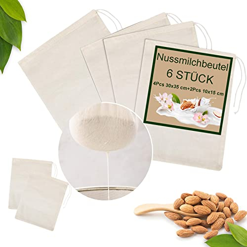 6 Stücke Nussmilchbeutel – Bojuzhi Passiertuch aus Baumwolle zum Abseihen, Cheesecloth Nussbeutel für Hafermilch/Mandel/Joghurt/Saft/Kalt gebrühter Kaffee, Waschbar und Wiederverwendbar