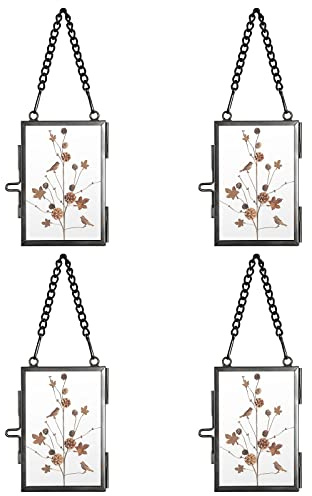 SUMTree 4 Pcs Mini-Rechteck Bilderrahmen aus Metall und Glas Hängende Glas Fotorahmen Geometrische Ornament Pflanze Probe Clip Für gepresste Blumen Fotos Schwarz