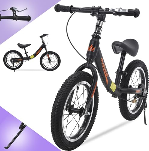 Bueuwe 14/16 Inch Balance Bike for 3 4 5 6 7 and 8 Years Old Boys Girls,No Pedal Training Bicycle with Brake and Kickstand,Adjustable Seat Height,Air Tires,Gift for Outdoor Sports (Black, 14 in)
