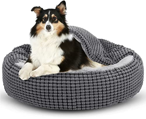 JOEJOY Round Dog Bed Calming Donut Cuddler Pet Bed for Large Medium Small Dogs, Warm Puppy Hooded Dog Cave Bed Cat Bed Medium Washable with Breathable Fluff, 31IN