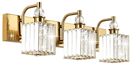 Ralbay Crystal Bathroom Vanity Lights 3-Lights 24'' Modern Crystal Gold Bathroom Lighting Fixtures Over Mirror