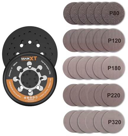 MAXXT 150mm Disco di Supporto per Levigatrice DA a Gancio e Anello + 30 Carte Vetro (5 Grana P80/P120/P180/P220/P320) - Kit Completo per Levigatrice Orbitale Senza Spazzole Orbit Sander R7303