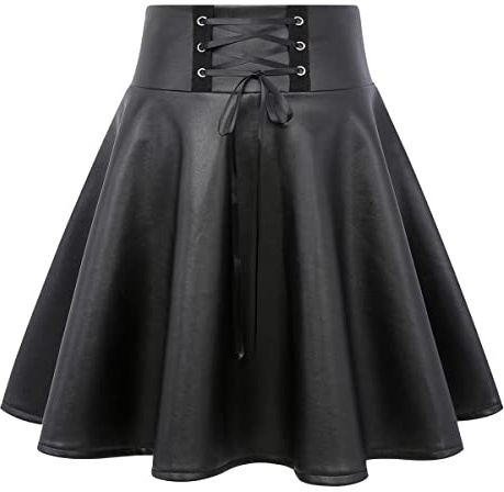 IDEALSANXUN Black Leather Skirt for Women Aline Aesthetic Cute Mini Skater Skirts(Leather Black, L)