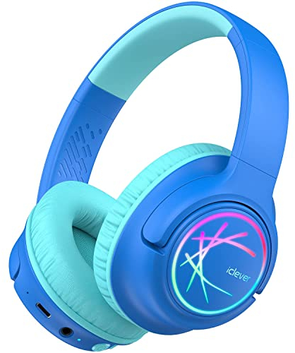 iClever Kids Wireless Headphones with LED Lights, BTH18 Safe Volume 74/85dBA, 43H Playtime, Stereo Sound, Type-C, AUX Cable, Bluetooth5.3 Over Ear Kids bluetooth Headphones for Tablet/Travel