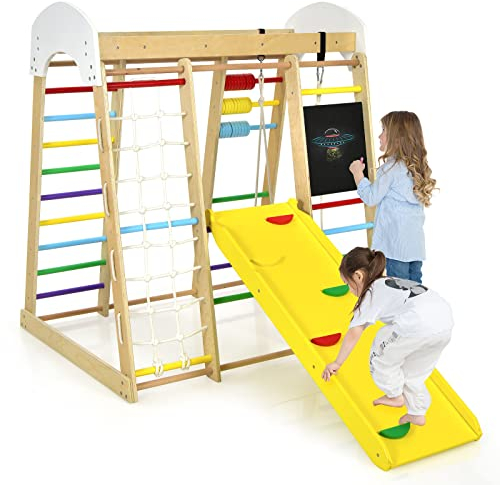 DREAMADE 7 in 1 Kletterspielzeug Set mit Schaukel Leiter Kletternetz Tafel Abakus, Spielturm Spielplatz, Indoor Klettergerüst aus Holz zum Klettern, für Kinder ab 3 Jahren (Bunt)