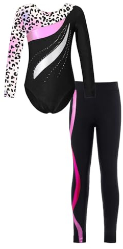 Freebily Body da Ginnastica Artistica Bambina con Leggings Sportivi Strass Leotard a Maniche Lunghe Abito da Danza Classica Moderna Jazz Tuta da Balletto Ballo Latino Leopard&hot Pink 7-8 anni