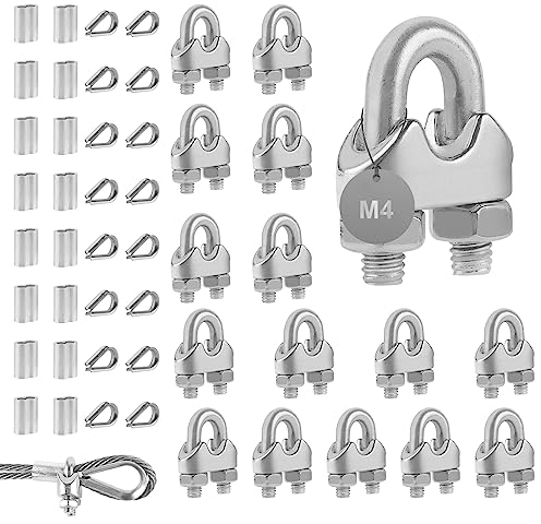 EXLECO 16Pcs Morsetti Serracavo M4 Morsetto per Fune Metallica in Acciaio Inox Morsetti per Cavo Clip per Cavi, Morsetti per Sella Morsetti per Funi Metalliche Ø4mm con Fune Cavo Ditale Allum Ghiere