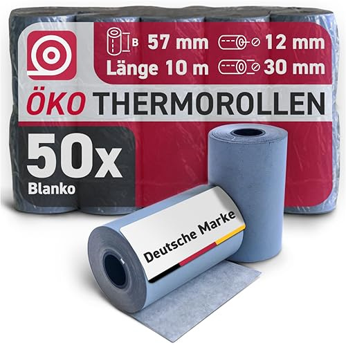 Gebongt24 Blue4est® Öko Thermorolle 57 mm x 10m x 12 mm - umweltfreundliches Thermopapier 52 g/m² - 50 Kassenrollen mit ca. 30 mm Rollendurchmesser - Ökobon für EC-Cash und Kassenbondrucker