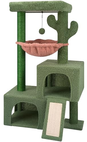 AIWIKIDE 37.4 Cactus Cat Tree Tower with Twin Cat Condos for Indoor Cats, All-in-One Activity Center with Cat Scratching Post Cozy Sleeping Perch Hammock and Toy Balls,Green
