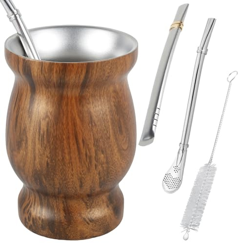 LZVXTYM Yerba Mate Tasse à thé isotherme en acier inoxydable avec brosse à paille, cuillère à paille plate et couvercle, tasse à café Yerba Mate pour maté, thé, café (grain de bois)