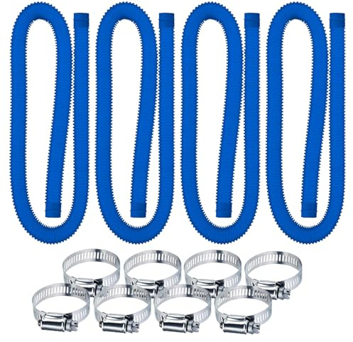 Lote de 4 mangueras de repuesto de piscina, con 8 conectores roscados de metal, para manguera de succión bomba de piscina fuera, tubos de piscina Ø 32 mm, (longitud 1,5 m, azul)