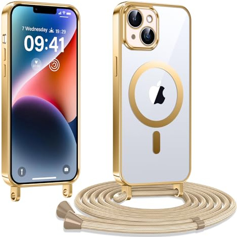 Kokio Handykette Hülle für iPhone 14 mit Band, Magnetische Transparent Handyhülle Kompatibel mit MagSafe, Kratzfeste Stossfest Schutzhülle mit Einstellbar Kette,Gold