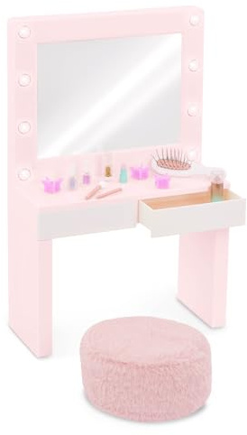 Our Generation - Set vanità Glam & Glow - Playset tavolo da vanità rosa - Specchio luminoso - Articoli per il trucco e lo styling per finta - Giocattolo per bambini dai 3 anni in su