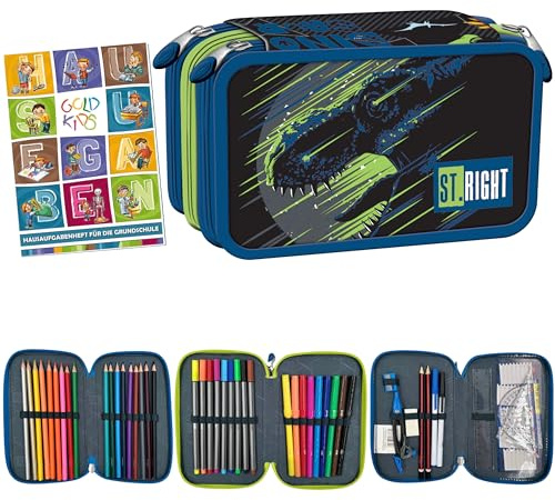 Goldkids - Federmäppchen 3 Fächer - Mäppchen für Mädchen und Jungen - Federmappe 3-Fach Federtasche Gefüllte Schüleretui 46-teilig - Schulmäppchen und Hausaufgabenheft - Dinosaurier Motiv