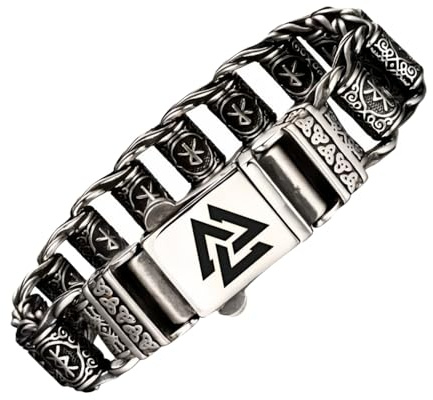 ForFox Bracelet valknut viking punk large bracelet à maillons runes en acier inoxydable titane pour homme 22cm