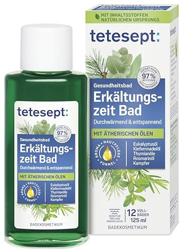 tetesept Erkältungszeit Bad – 1 x 125 ml – Gesundheitsbad für die kalte Jahreszeit mit 5 ätherischen Ölen – Wohltuender Badezusatz zur Entspannung von Körper und Geist