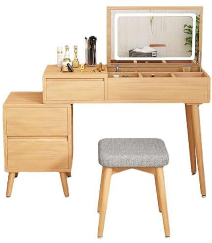 Schminktisch aus Holz mit beleuchtetem Spiegel, Staufächern, Beistellschrank und gepolstertem Hocker, Holzfarbe, Make-up-Tisch-Set, Schreibtisch (59,9 x 39,9 x 75,9 cm)