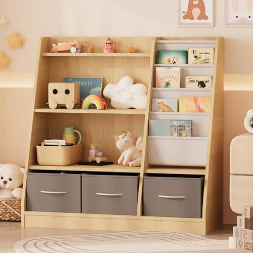 KEEPREAPER Kinderregal mit 3 Aufbewahrungsboxen, Bücherregal Kinder aus Holz mit 4 Ablage & 3 offnen Fächern, für Kinderzimmer, Spielzimmer, 91x38x92cm (Natur-A)