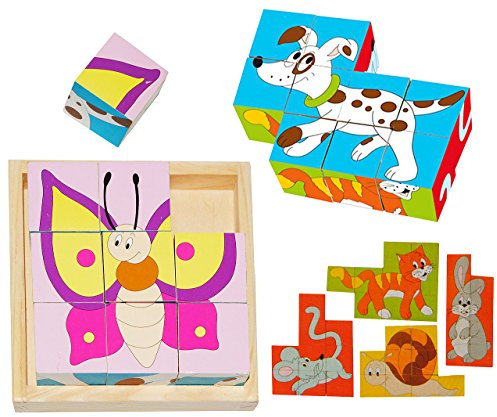 alles-meine.de GmbH Bilderwürfel/Würfelpuzzle aus Holz - Tiere - Puzzle 9 Teile - Asymmetrisch ! - Hund - Schmetterling - Katze - Schnecke - Maus - Hase - für Kinder/Mädchen ..