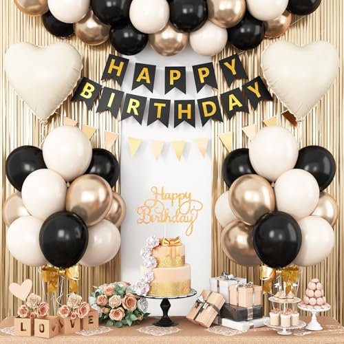 Black Gold Birthday Decorations,Party Decorations with Sand White Champagne Gold Balloon Heart Balloons Happy Birthday Banner Fringe Curtain for Women Men Boho Baby Shower Decor