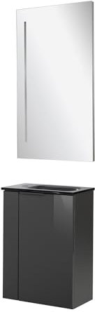 FACKELMANN Luna Gäste-WC Set 3-teilig – Badezimmer-Set mit Waschbeckenunterschrank, Glas-Waschbecken & LED-Spiegel – Anthrazit Hochglanz, 45 cm, Made in Germany