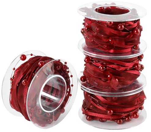 NGOSUET 4 Stück 4,5M Perlenbänder Perlenband Rot, Chiffonband Organzaband mit Perlen, Perlenkette Deko Perlengirlande Weinrot Geschenkbänder für Hochzeit, Blume, Weihnachtsbaum, Dekoration