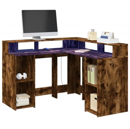 Xichuzi Escritorio con LED Madera ingeniería Roble Ahumado 130x130x91cm, Mesa Escritorio, Escritorio Orden, Escritorio Gaming, Office Desk, Mesa Escritorio Ordenador - 3309451