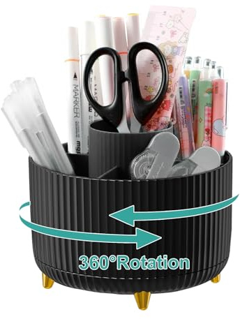 Lenfuos Rotating Pen Pencil Holder Desk Organiser - 360 Degree Pencil Pots Makeup Brush Holder with 5 Compartments for Home Office Supplies Desktop Tidying and Stationary Storage (Black)