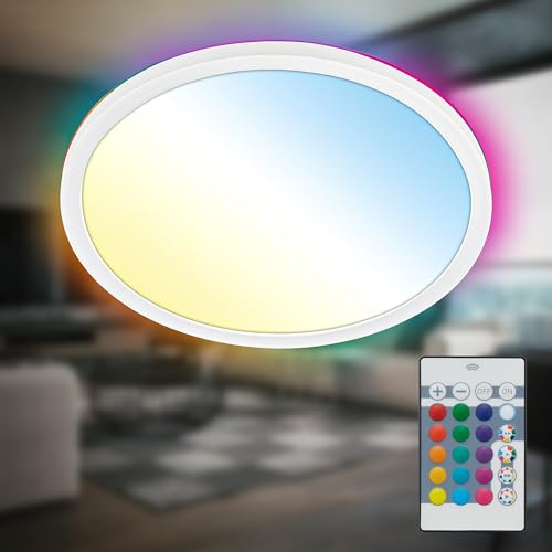 B.K.Licht - Lámpara LED de techo plana con mando a distancia, retroiluminación RGBIC, superficie luminosa CCT, regulable, panel LED, habitación infantil, techo, 29x3 cm (DxH), blanco