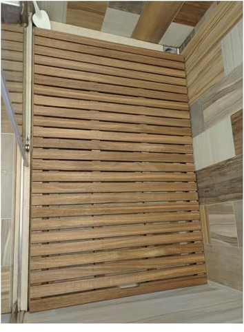 Caillebotis de Douche en Bois de Teck, Tapis de sol de douche robuste de 21, 24, 27, 30, 32, 36 pouces en teck naturel, tapis de bain en bois imperméable avec tapis de pied antidérapants, porte d'ent