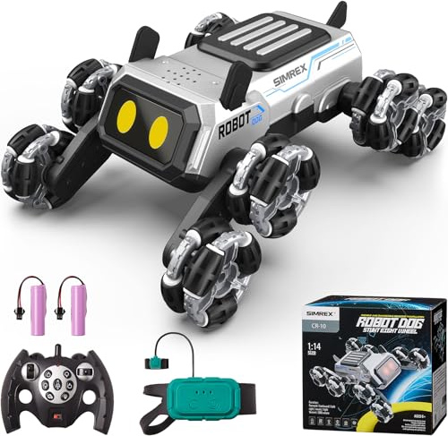 SIMREX Remote Control Robot Dog Toys for Kids 6+, Stunt RC Cars with LED Eyes & Gesture Control, 6+ Years Old Boys Girls Birthday Gift, Interactive Robot Toy with Mecanum Wheels & 3 Sounds, Sliver