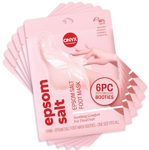 Onyx Professional Epsom Salt Foot Mask, 6 Pairs - Made with Epsom Salt and Chamomile, Helps Fight Swelling and Soreness, Relax Tired Feet, Easy-to-use Booties, One Size Fits All