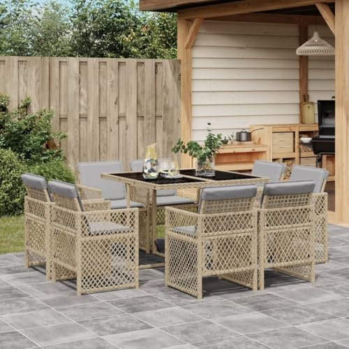 IKAYAA Gartenmöbel Set Rattan 8 Personen Garten sitzgruppe 8 Personen Gartentisch Set mit 8 stühlen Gartengarnitur Sitzgarnitur Essgruppe mit Kissen-Mischung aus Beige-9-tlg-Typ 3