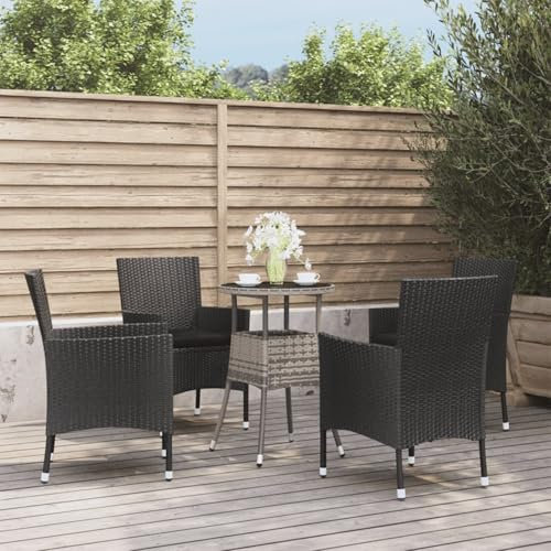 Xichuzi 5-TLG. Garten-Bistro-Set mit Kissen Schwarz Poly Rattan Bierzeltgarnitur, Gartenbar, Biertisch Bierbänke, Essgruppe, Gartenmöbel Set, Balkonmöbel, 3187427