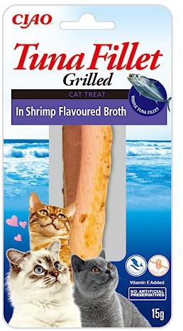INABA Tuna Fillet Grilled - Katzen-Leckerlies aus Thunfischfilet - Aromatisierte Crevetten-Brühe - Katzensnack mit Antioxydantien - Tiernahrung - 1 Filet x 15g (Packung mit 6)