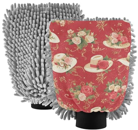 Guantes de microfibra para lavado de coche, con diseño de flores, color rojo