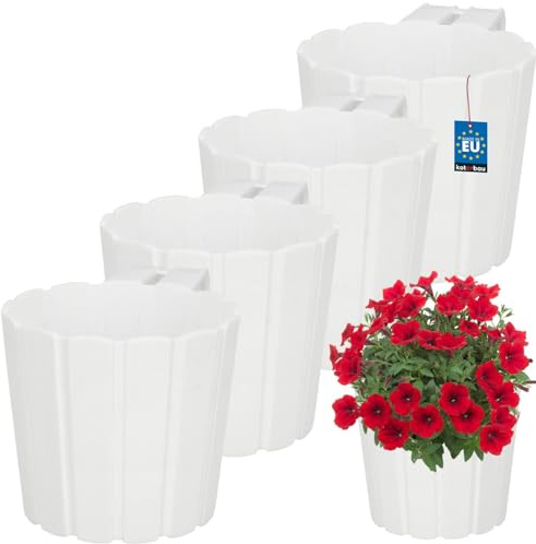 KOTARBAU® Blumenkasten für Balkon ⌀ 15 cm, Balkonkasten mit Halterung, Weiß | Blumenkasten für Balkongeländer, Balkon Pflanzkasten rund, 13 cm hoch, Balkon Deko, Balkonkästen aus Kunststoff, 4er Set