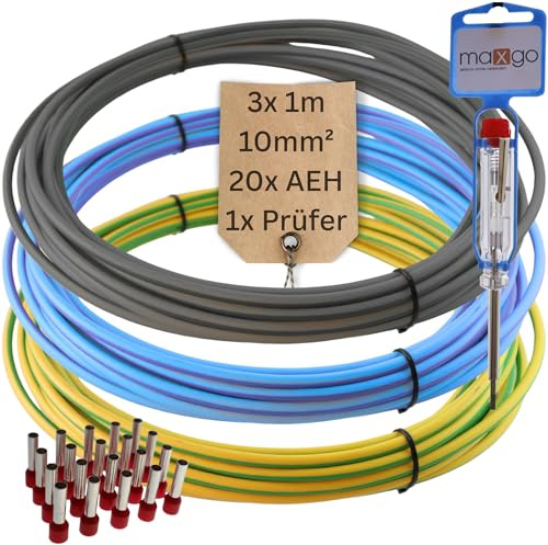 Verdrahtungsleitung Verdrahtungssatz Einzelader 10mm² Aderleitung flexibel für Zählerplatz, Erdungskabel & Verdrahtungsbrücken 3x1m inkl. 20 Aderendhülsen & Stromprüfer